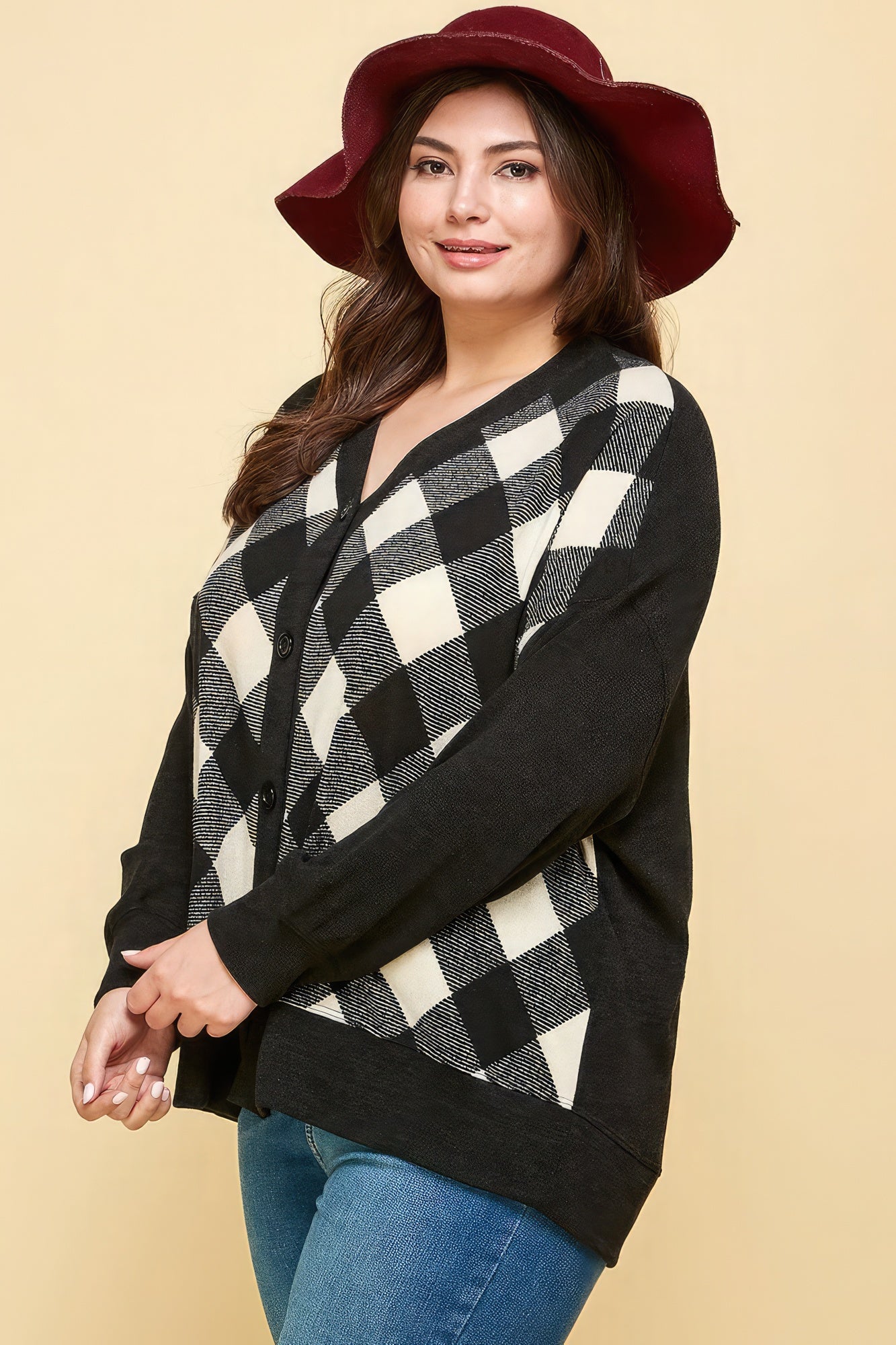 Plus Size Buffalo Plaid Knit Button Up Oversize Cardigan - AV Fashion’s