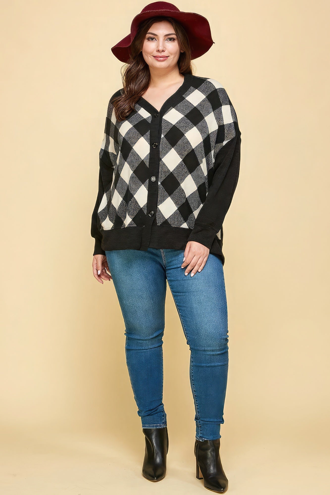 Plus Size Buffalo Plaid Knit Button Up Oversize Cardigan - AV Fashion’s