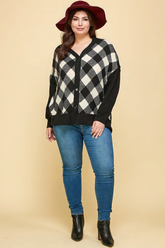 Plus Size Buffalo Plaid Knit Button Up Oversize Cardigan - AV Fashion’s