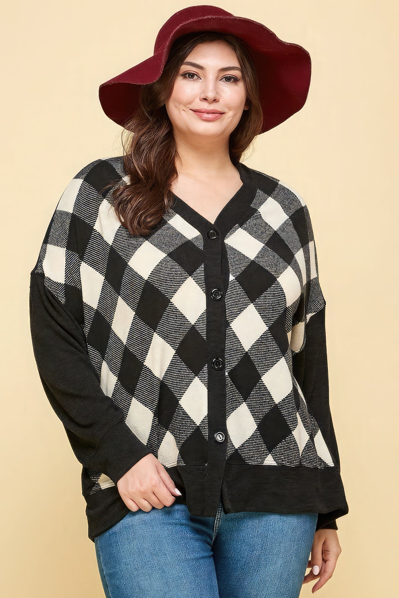 Plus Size Buffalo Plaid Knit Button Up Oversize Cardigan - AV Fashion’s
