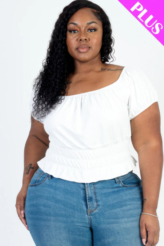 Plus size casual ruched puff sleeve ribbed knit solid top - AV Fashion’s