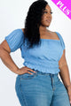 Plus size casual ruched puff sleeve ribbed knit solid top - AV Fashion’s