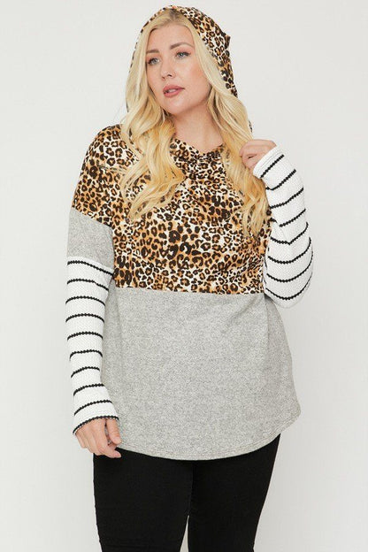 Plus Size Color Block Hoodie Featuring A Cheetah Print - AV Fashion’s