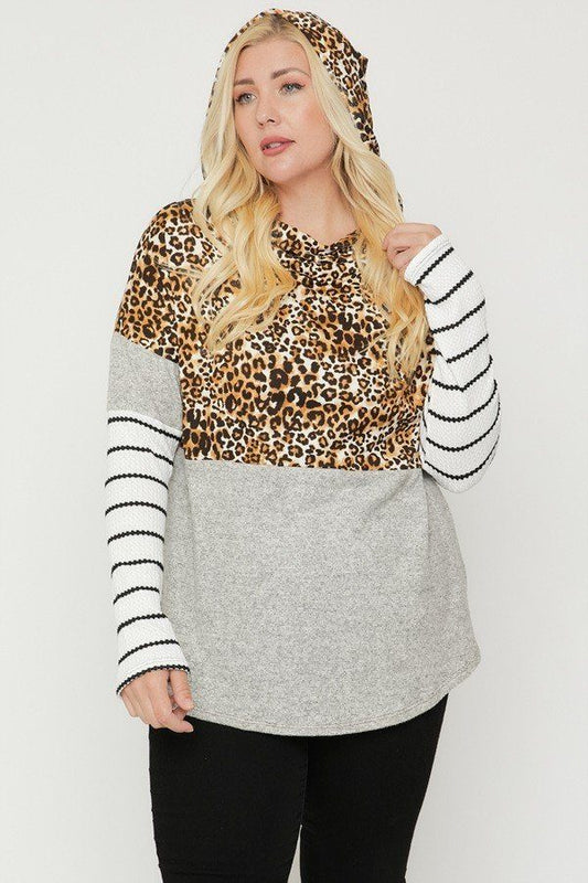 Plus Size Color Block Hoodie Featuring A Cheetah Print - AV Fashion’s
