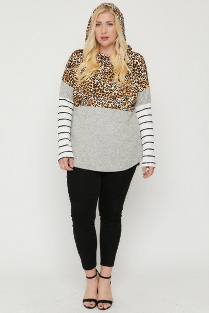 Plus Size Color Block Hoodie Featuring A Cheetah Print - AV Fashion’s
