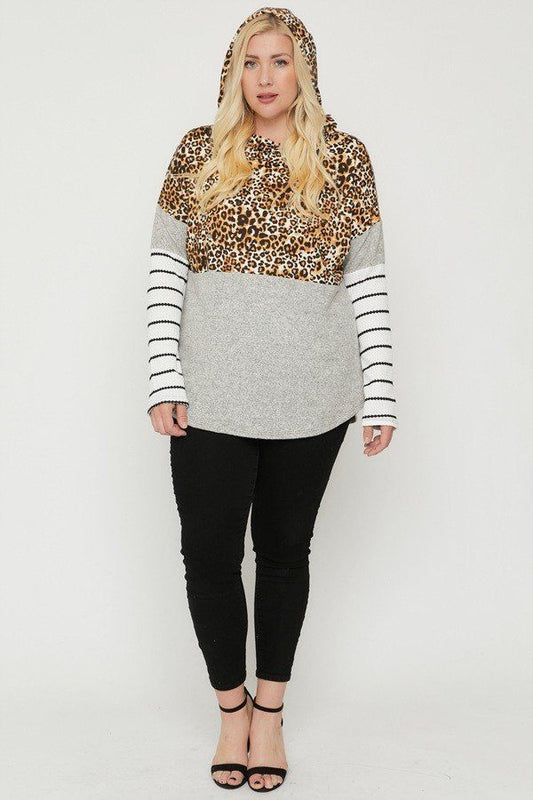 Plus Size Color Block Hoodie Featuring A Cheetah Print - AV Fashion’s