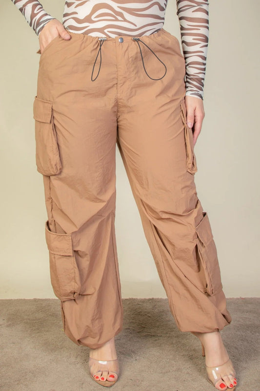 Plus Size Flap Pockets Drawstring Ruched Parachute Pants - AV Fashion’s