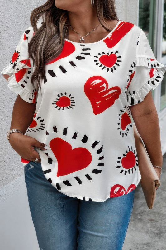 Plus Size Heart Print Ruffle Hem Sleeve Shirt - AV Fashion’s