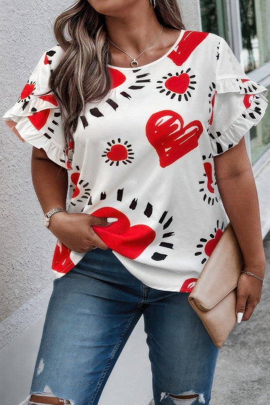 Plus Size Heart Print Ruffle Hem Sleeve Shirt - AV Fashion’s
