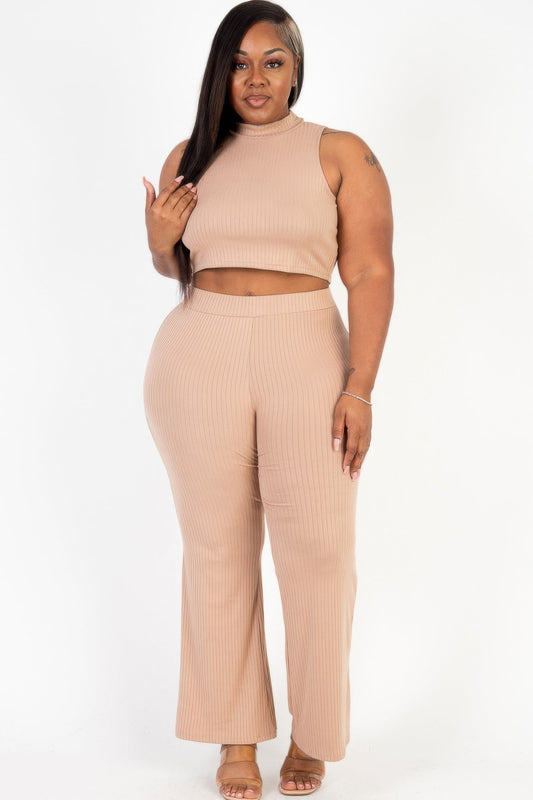 Plus Size Ribbed Mock Neck Crop Tank Top& Bootcut Pants Set - AV Fashion’s
