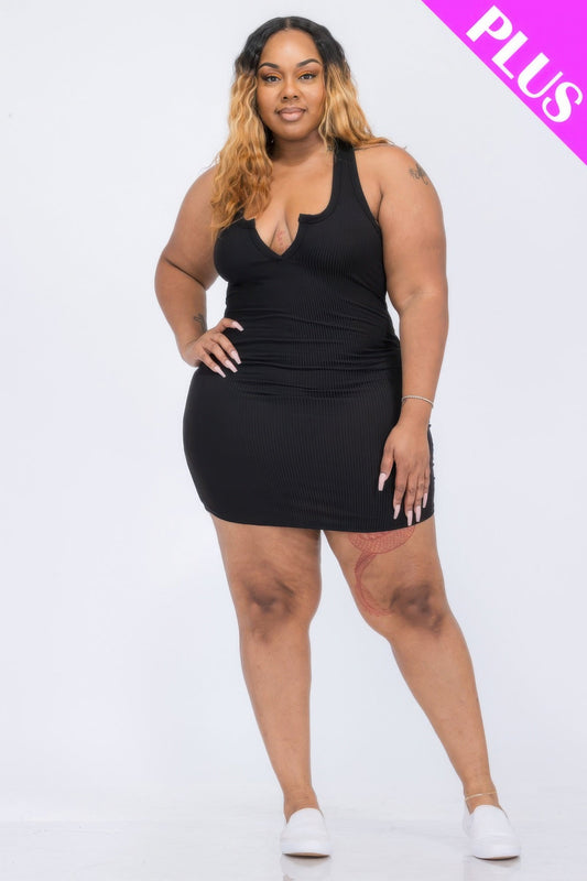 Plus Size Ribbed Split Neck Tank Mini Dress - AV Fashion’s