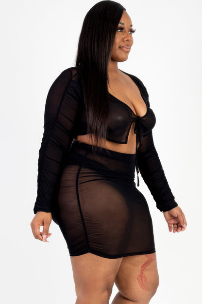 Plus Size Sheer Mesh Tie Front Crop Top & Ruched Side Mini Dress - AV Fashion’s