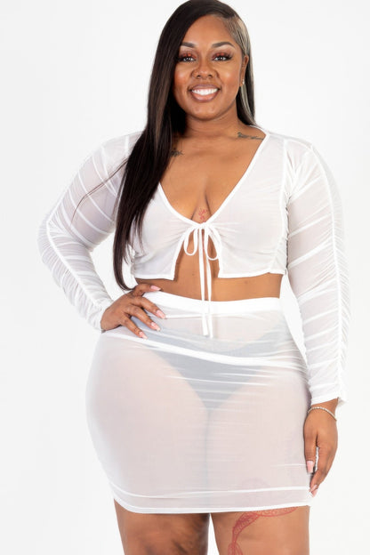 Plus Size Sheer Mesh Tie Front Crop Top & Ruched Side Mini Dress - AV Fashion’s