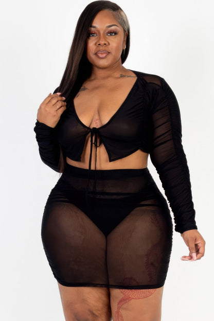 Plus Size Sheer Mesh Tie Front Crop Top & Ruched Side Mini Dress - AV Fashion’s
