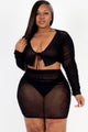 Plus Size Sheer Mesh Tie Front Crop Top & Ruched Side Mini Dress - AV Fashion’s