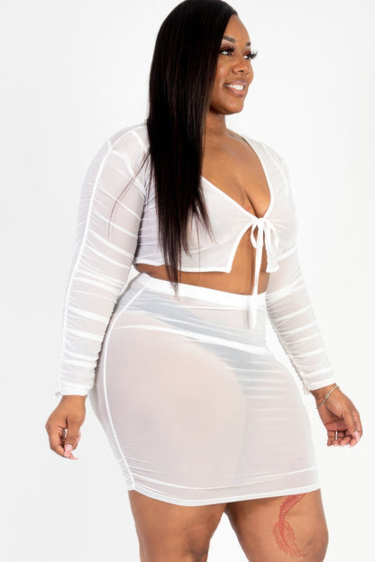 Plus Size Sheer Mesh Tie Front Crop Top & Ruched Side Mini Dress - AV Fashion’s