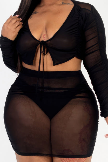 Plus Size Sheer Mesh Tie Front Crop Top & Ruched Side Mini Dress - AV Fashion’s