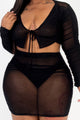 Plus Size Sheer Mesh Tie Front Crop Top & Ruched Side Mini Dress - AV Fashion’s
