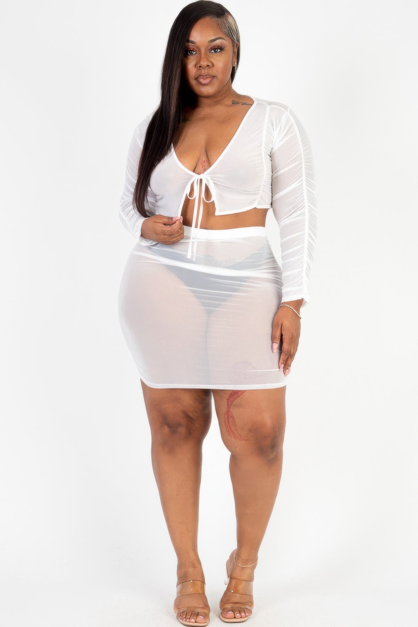 Plus Size Sheer Mesh Tie Front Crop Top & Ruched Side Mini Dress - AV Fashion’s