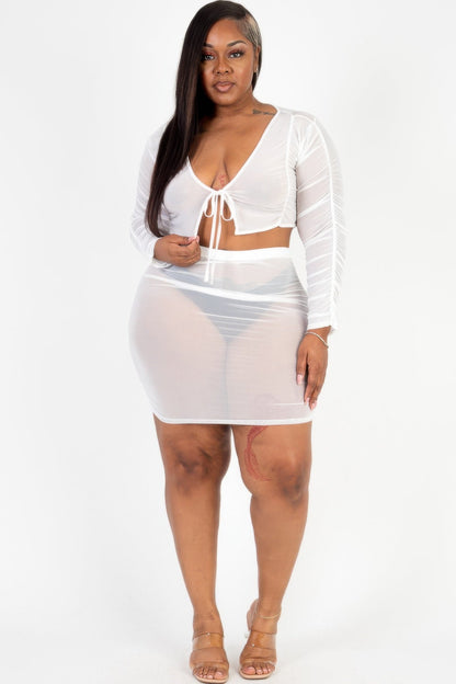 Plus Size Sheer Mesh Tie Front Crop Top & Ruched Side Mini Dress - AV Fashion’s
