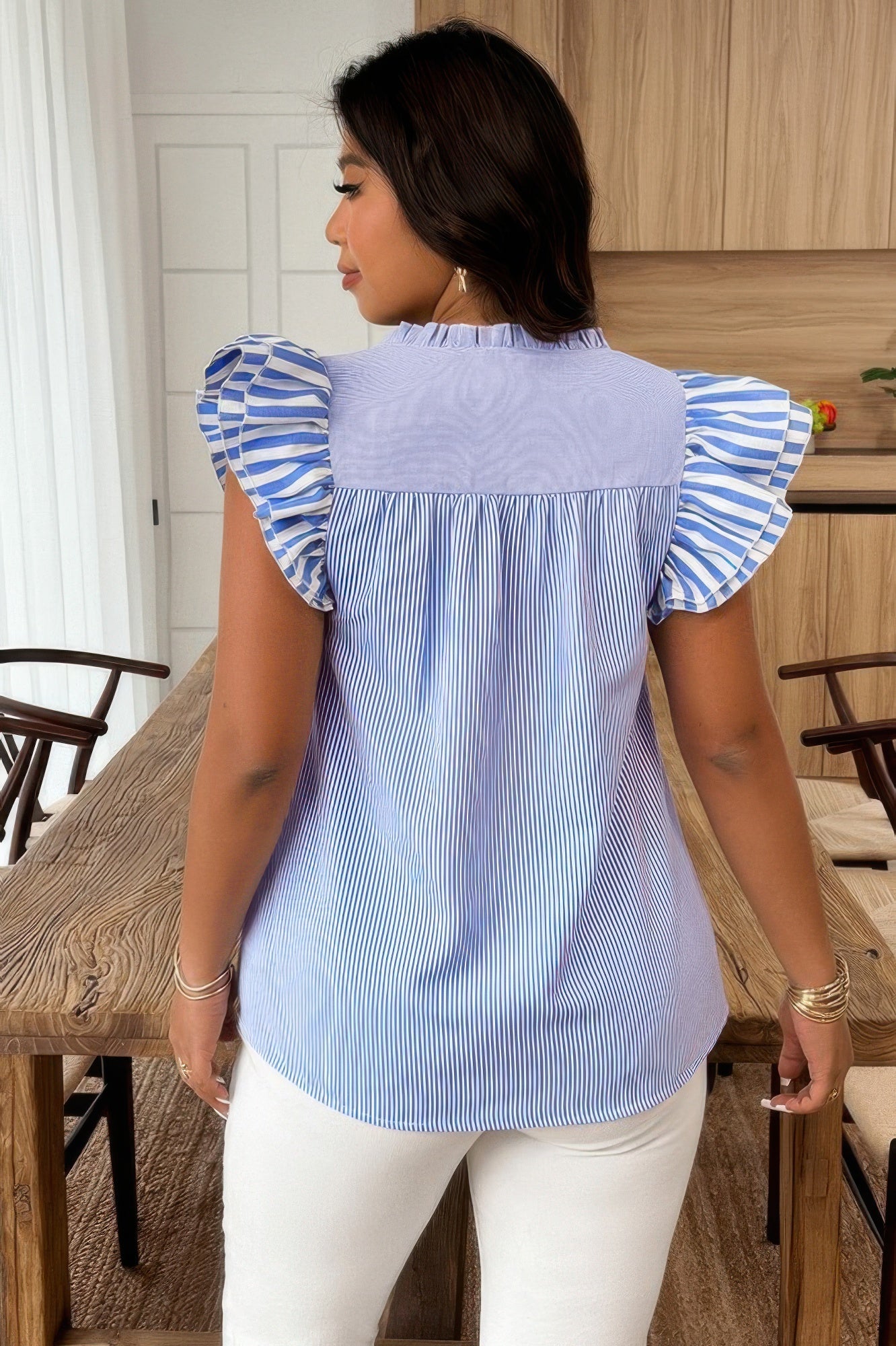 Plus Size Striped V Neck Flutter Sleeve Blouse - AV Fashion’s