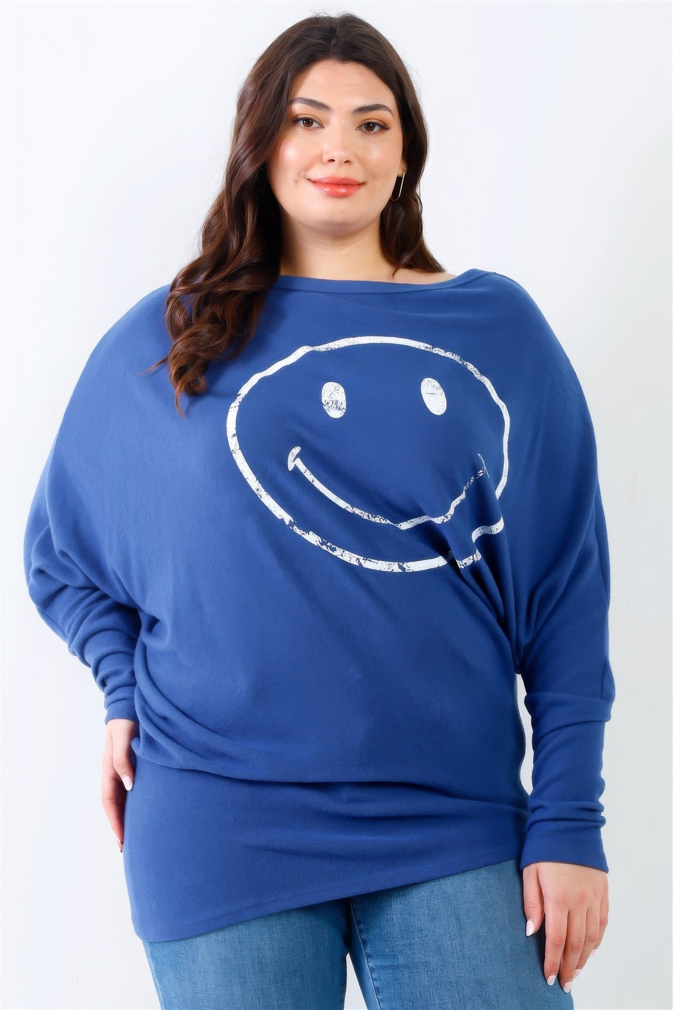 Plus Smile Front Print Flannel Dolman Sleeve Top - AV Fashion’s