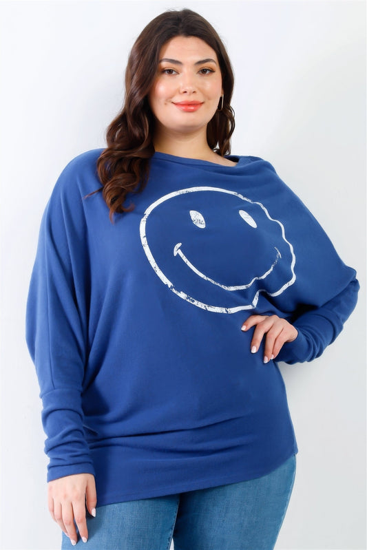 Plus Smile Front Print Flannel Dolman Sleeve Top - AV Fashion’s