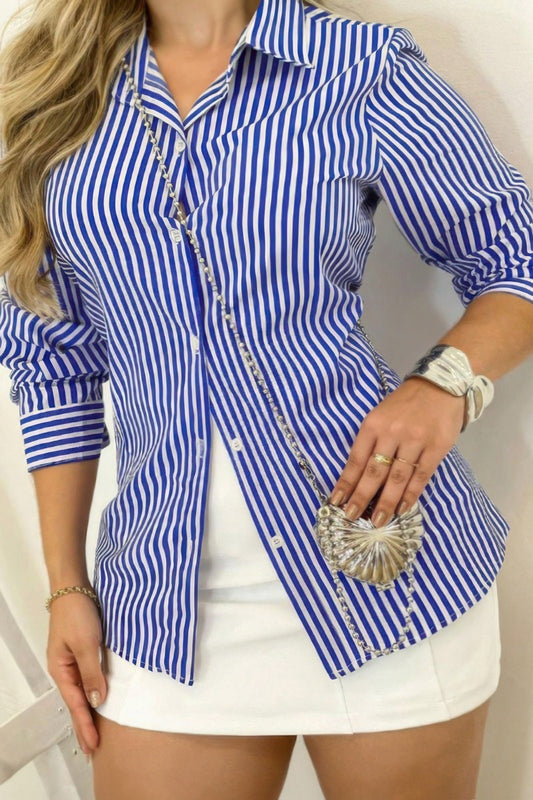 Plus Strip Button Up Fit Front Open Blouse - AV Fashion’s