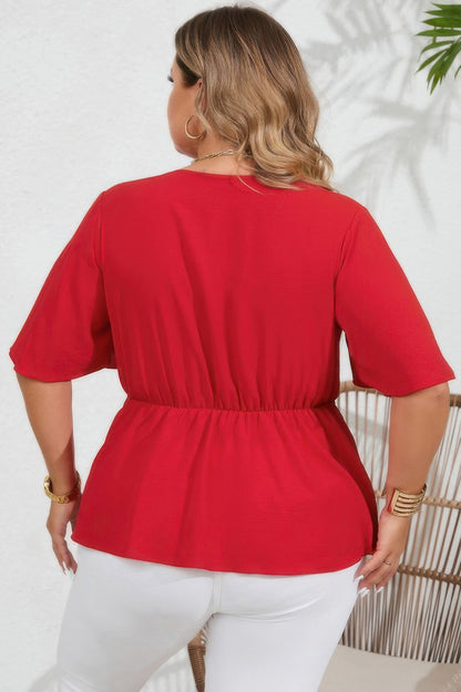 Plus Tie Front Half Button V Neck Solid Blouse - AV Fashion’s