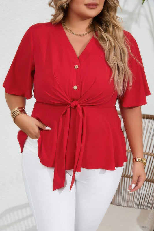 Plus Tie Front Half Button V Neck Solid Blouse - AV Fashion’s