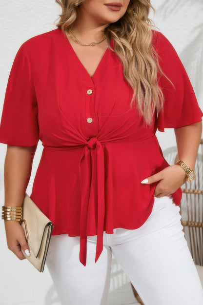 Plus Tie Front Half Button V Neck Solid Blouse - AV Fashion’s