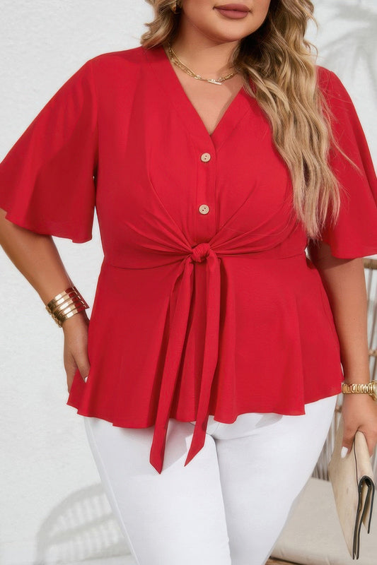 Plus Tie Front Half Button V Neck Solid Blouse - AV Fashion’s