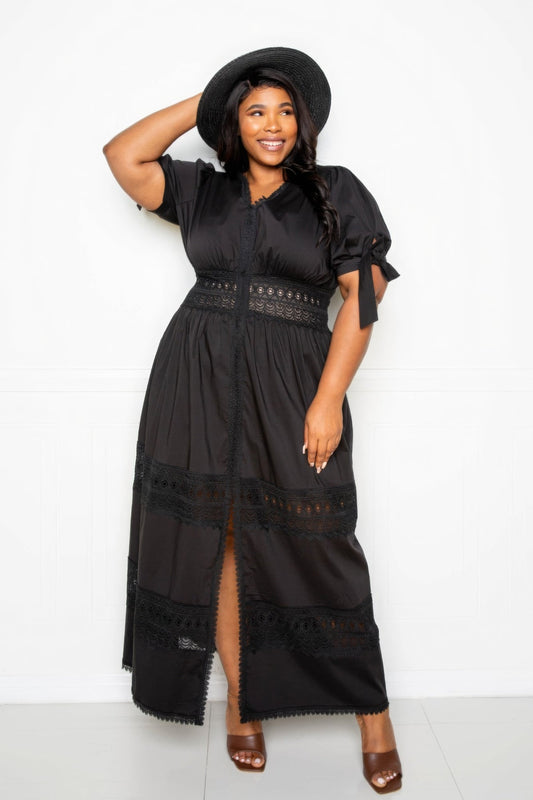 Puff Sleeve Maxi Dress With Lace Insert - AV Fashion’s