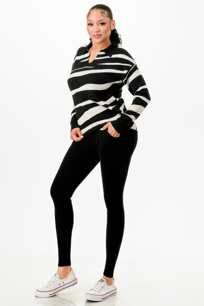 Pullover Collared V - neck Sweater Top And Pant Set - AV Fashion’s