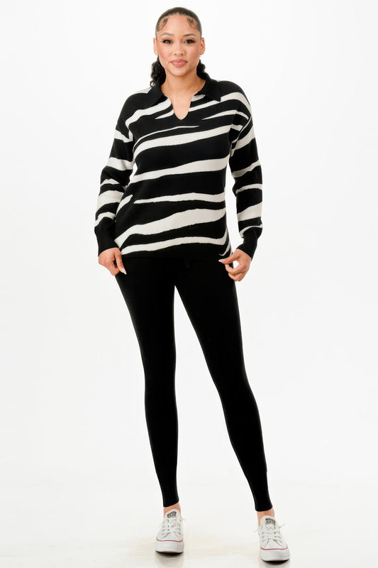 Pullover Collared V - neck Sweater Top And Pant Set - AV Fashion’s