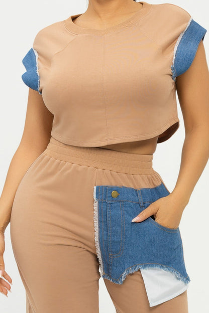 Road block Denim Sleeve Top And Biker Shorts Set - AV Fashion’s