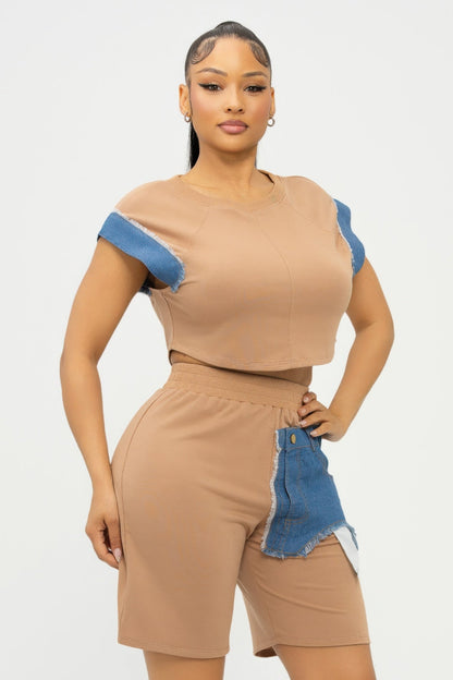 Road block Denim Sleeve Top And Biker Shorts Set - AV Fashion’s