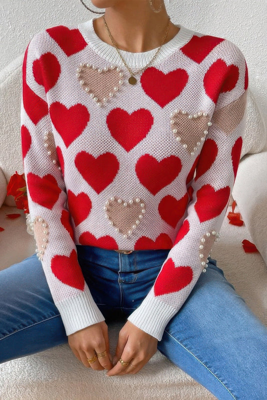 Round Neck Heart Shape Pearl Beads Knit Sweater - AV Fashion’s