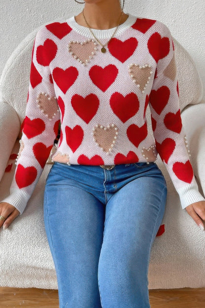 Round Neck Heart Shape Pearl Beads Knit Sweater - AV Fashion’s