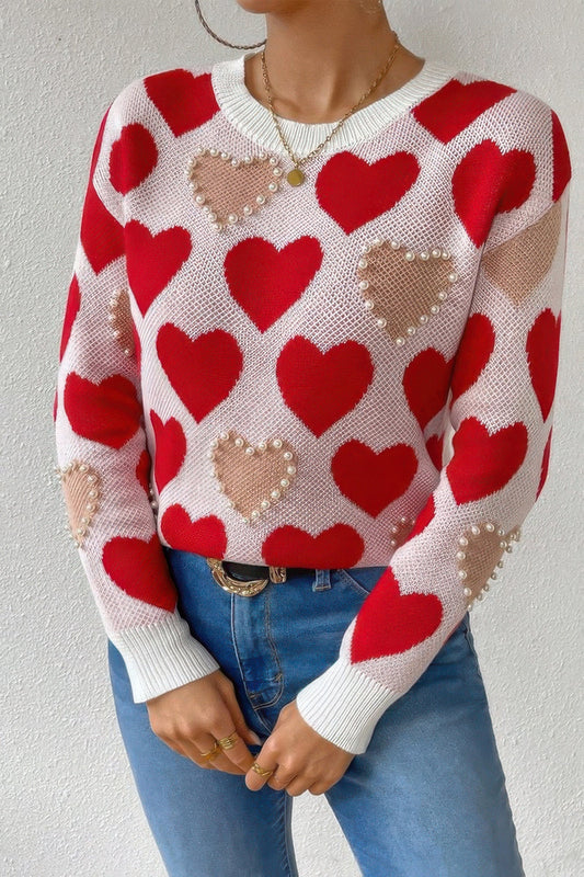 Round Neck Heart Shape Pearl Beads Knit Sweater - AV Fashion’s