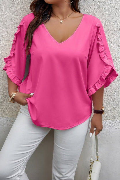 Solid Plus V Neck Ruffle Trim Petal Sleeve Blouse - AV Fashion’s