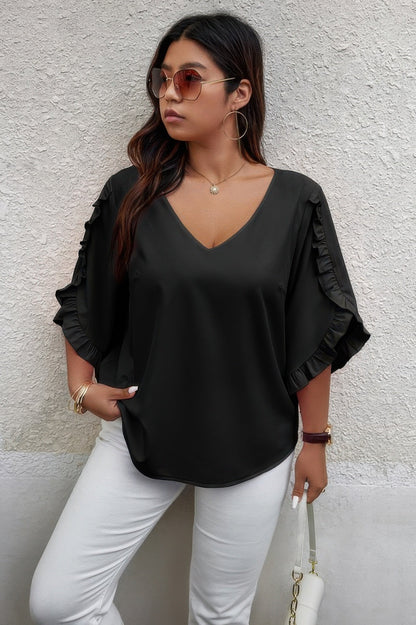 Solid Plus V Neck Ruffle Trim Petal Sleeve Blouse - AV Fashion’s