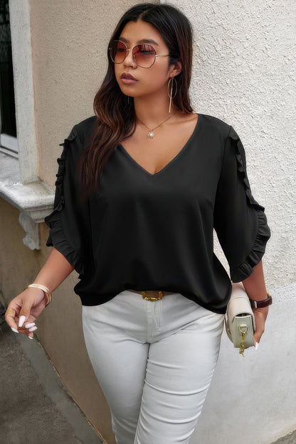 Solid Plus V Neck Ruffle Trim Petal Sleeve Blouse - AV Fashion’s