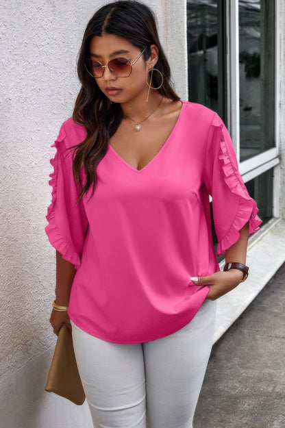 Solid Plus V Neck Ruffle Trim Petal Sleeve Blouse - AV Fashion’s
