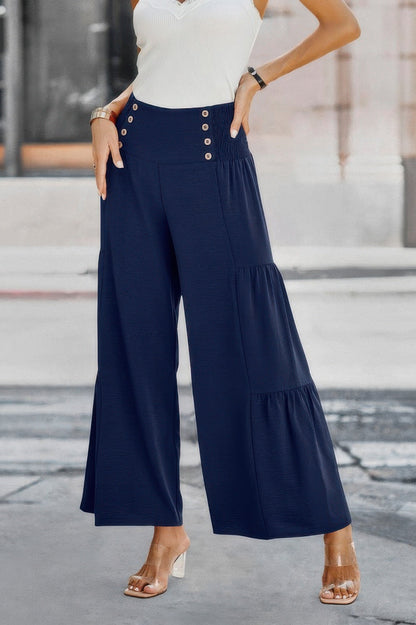 Solid Ruffle Button Wide Leg Pant - AV Fashion’s