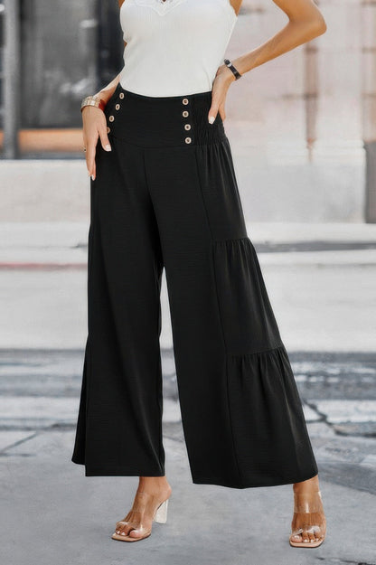 Solid Ruffle Button Wide Leg Pant - AV Fashion’s