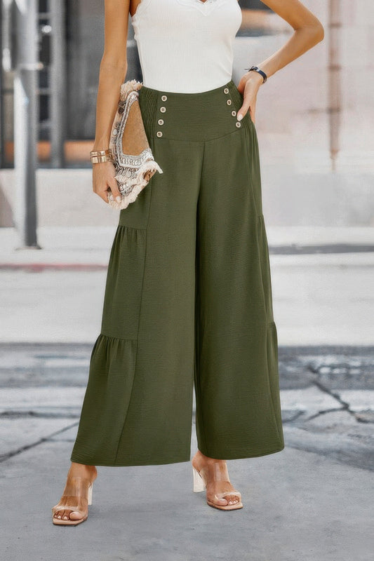 Solid Ruffle Button Wide Leg Pant - AV Fashion’s