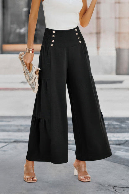 Solid Ruffle Button Wide Leg Pant - AV Fashion’s