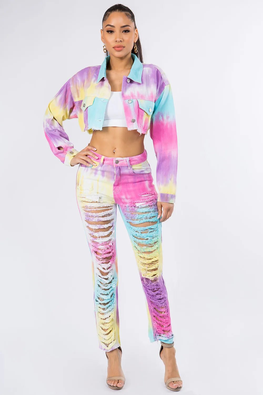 Taste the rainbow Distressed Back Cropped Denim Jacket - AV Fashion’s