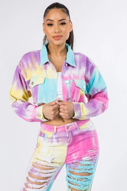 Taste the rainbow Distressed Back Cropped Denim Jacket - AV Fashion’s